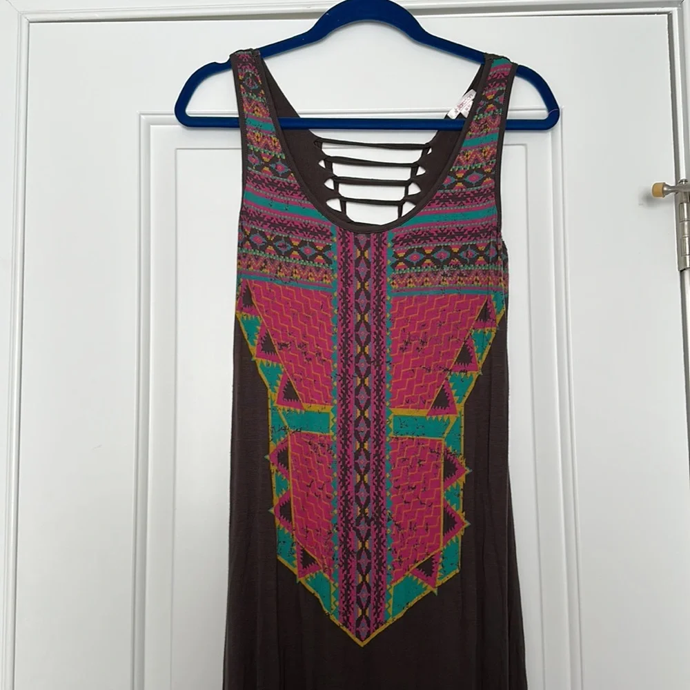 Xhilaration Grey w/ Pink Print Open Tie Back Bodycon Maxi Dress Size Medium - Picture 2 of 5